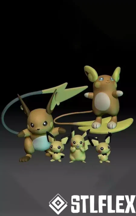 Pichu, Pikachu, Raichu & Alolan Raichu 3D Models – STL Files