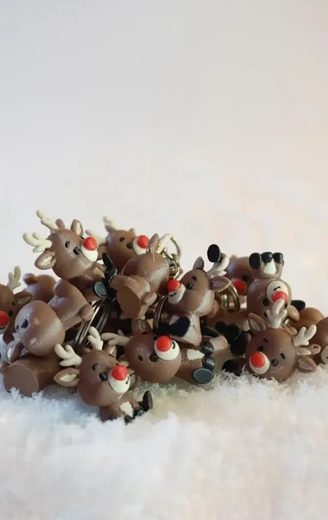 3D printed reindeer mini keychains with red nose